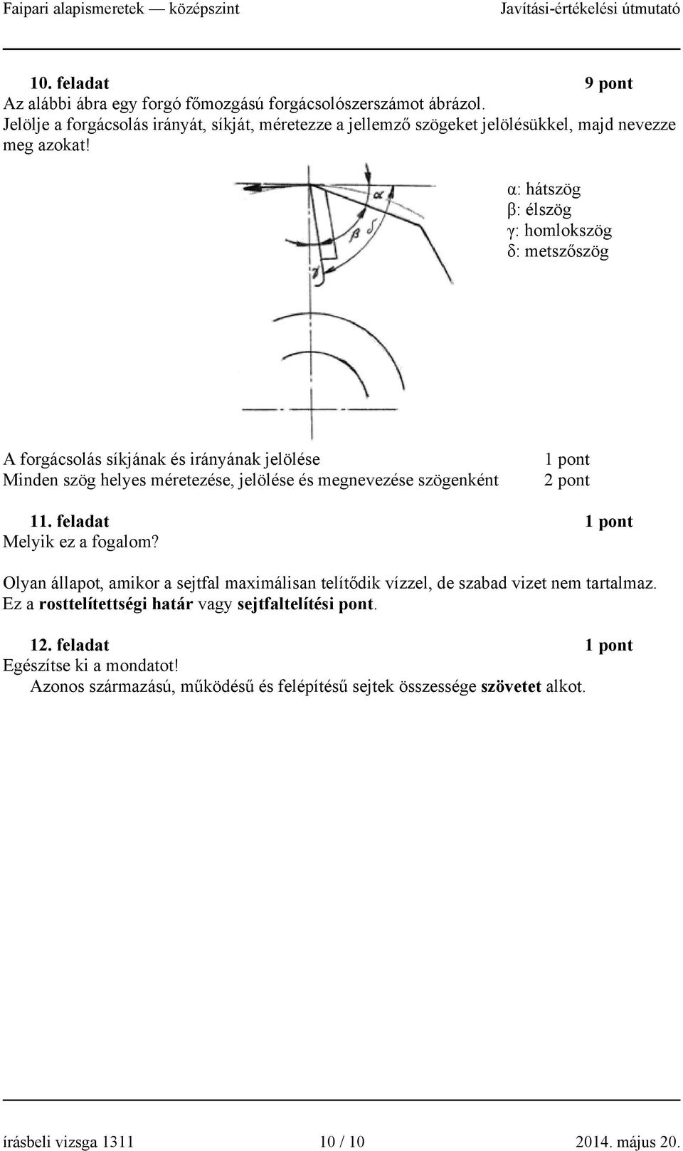 α: hátszög β: élszög γ: homlokszög δ: metszőszög A forgácsolás síkjának és irányának jelölése Minden szög helyes méretezése, jelölése és megnevezése szögenként 1 pont 2 pont 11.