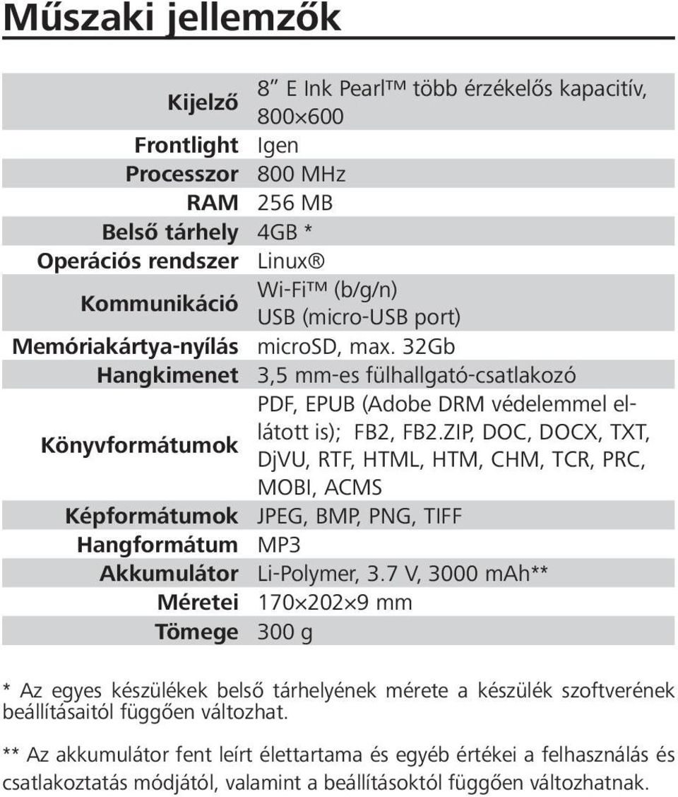 ZIP, DOC, DOCX, TXT, DjVU, RTF, HTML, HTM, CHM, TCR, PRC, MOBI, ACMS Képformátumok JPEG, BMP, PNG, TIFF Hangformátum MP3 Akkumulátor Li-Polymer, 3.