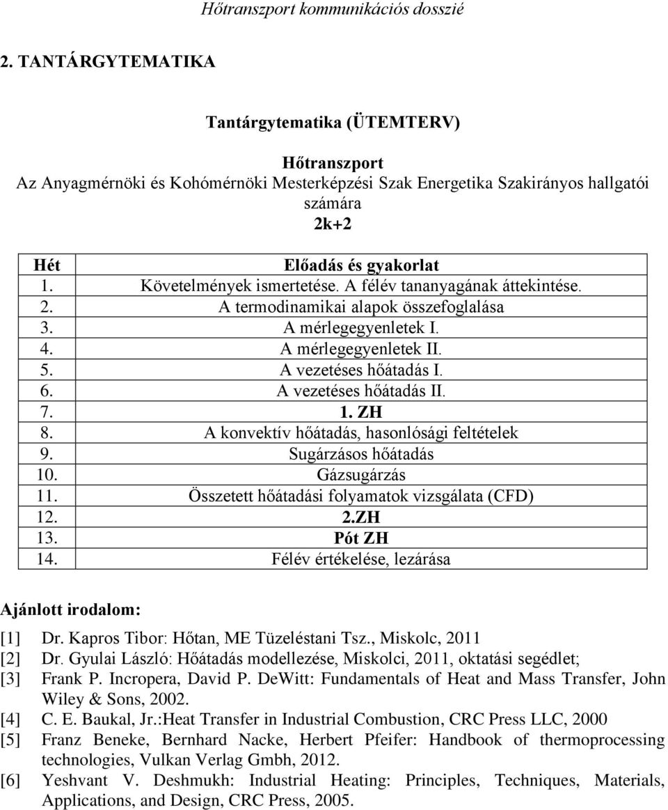 A vezetéses hőátadás II. 7. 1. ZH 8. A konvektív hőátadás, hasonlósági feltételek 9. Sugárzásos hőátadás 10. Gázsugárzás 11. Összetett hőátadási folyamatok vizsgálata (CFD) 12. 2.ZH 13. Pót ZH 14.