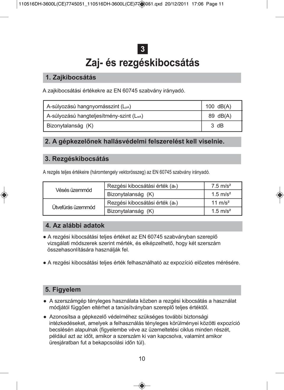 db 2. A gépkezelőnek hallásvédelmi felszerelést kell viselnie. 3. Rezgéskibocsátás A rezgés teljes értékeire (háromtengely vektorösszeg) az EN 60745 szabvány irányadó.