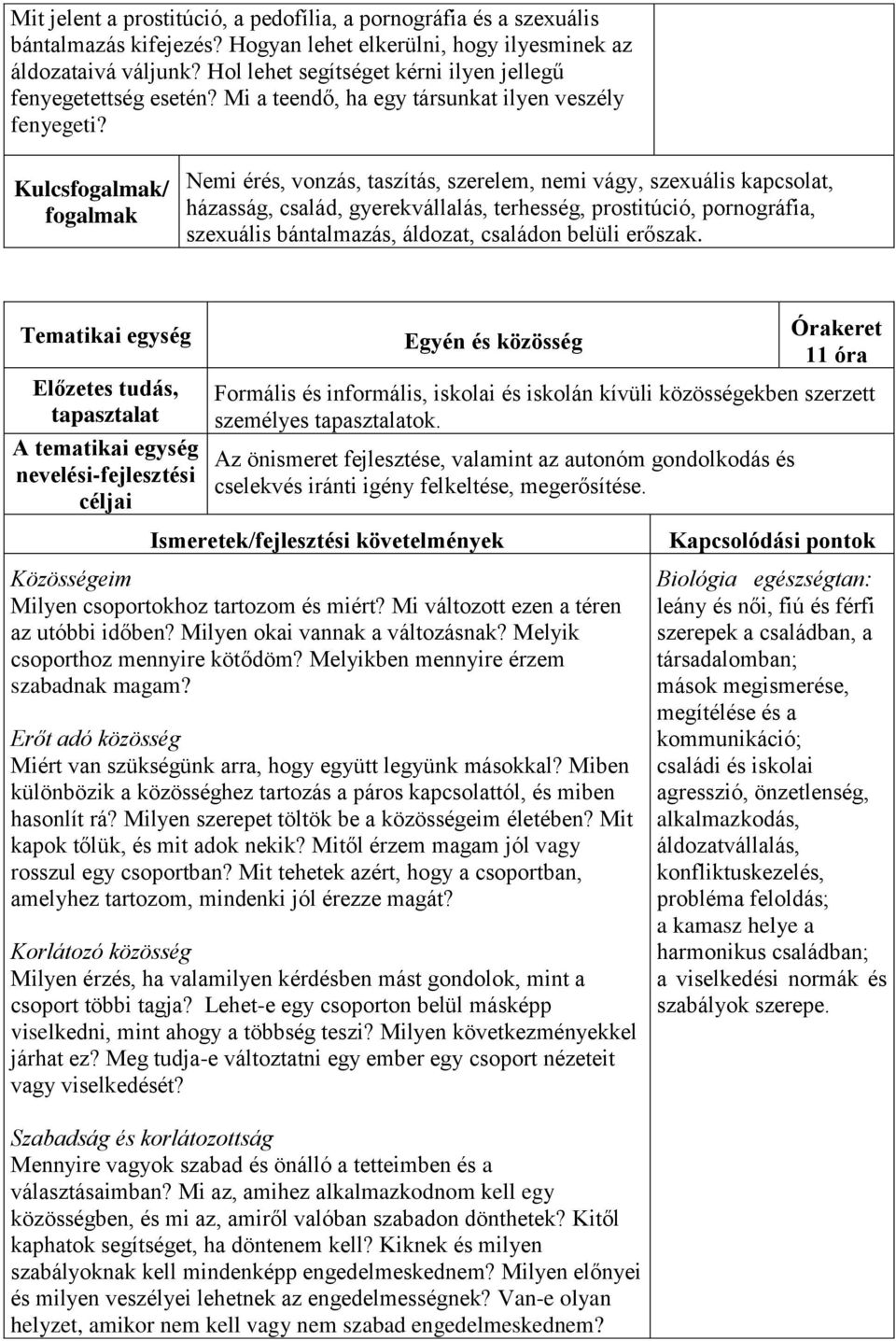 Kulcs/ Nemi érés, vonzás, taszítás, szerelem, nemi vágy, szexuális kapcsolat, házasság, család, gyerekvállalás, terhesség, prostitúció, pornográfia, szexuális bántalmazás, áldozat, családon belüli