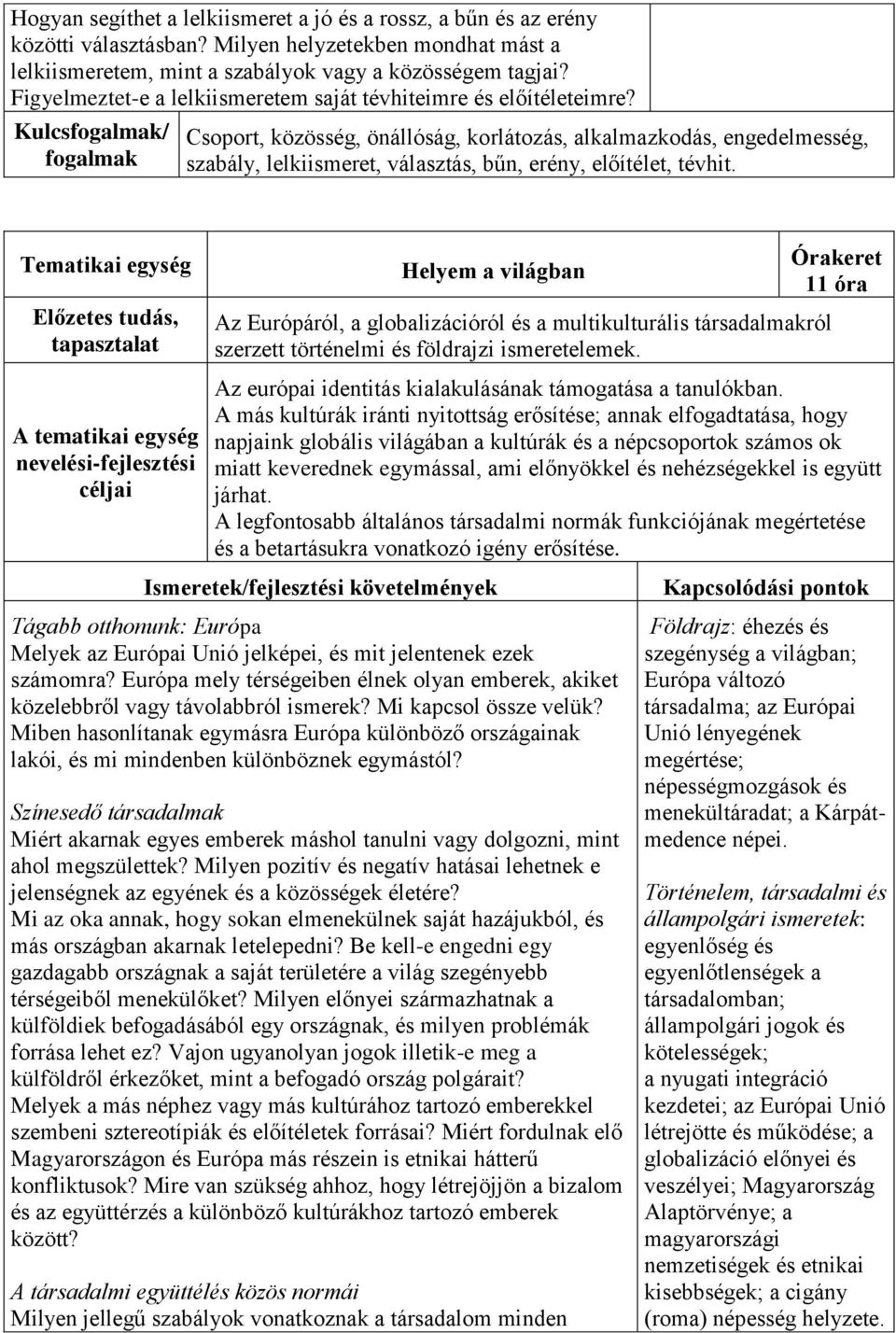 Kulcs/ Csoport, közösség, önállóság, korlátozás, alkalmazkodás, engedelmesség, szabály, lelkiismeret, választás, bűn, erény, előítélet, tévhit.