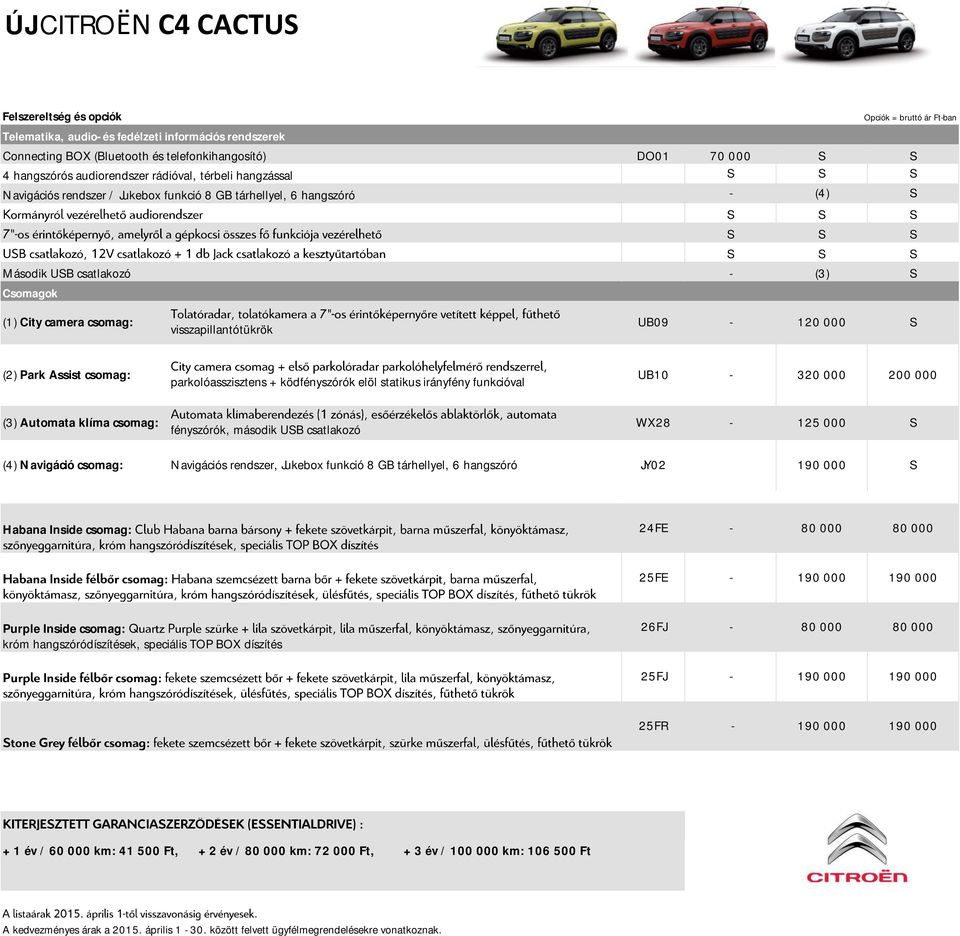 visszapillantótükrök (2) Park Assist csomag: UB10-320 000 200 000 parkolóasszisztens + ködfényszórók elöl statikus irányfény funkcióval (3) Automata klíma csomag: WX28-125 000 S fényszórók, második