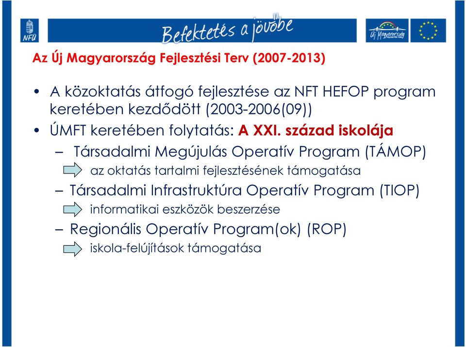 század iskolája Társadalmi Megújulás Operatív Program (TÁMOP) az oktatás tartalmi fejlesztésének