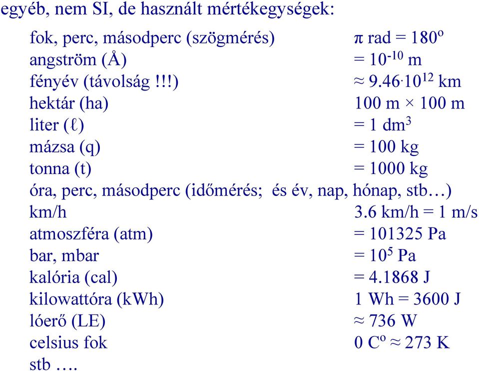 0 km hektá (ha) 00 m 00 m lte (l) dm 3 mázsa (q) 00 kg tonna (t) 000 kg óa, pec, másodpec (dőméés;