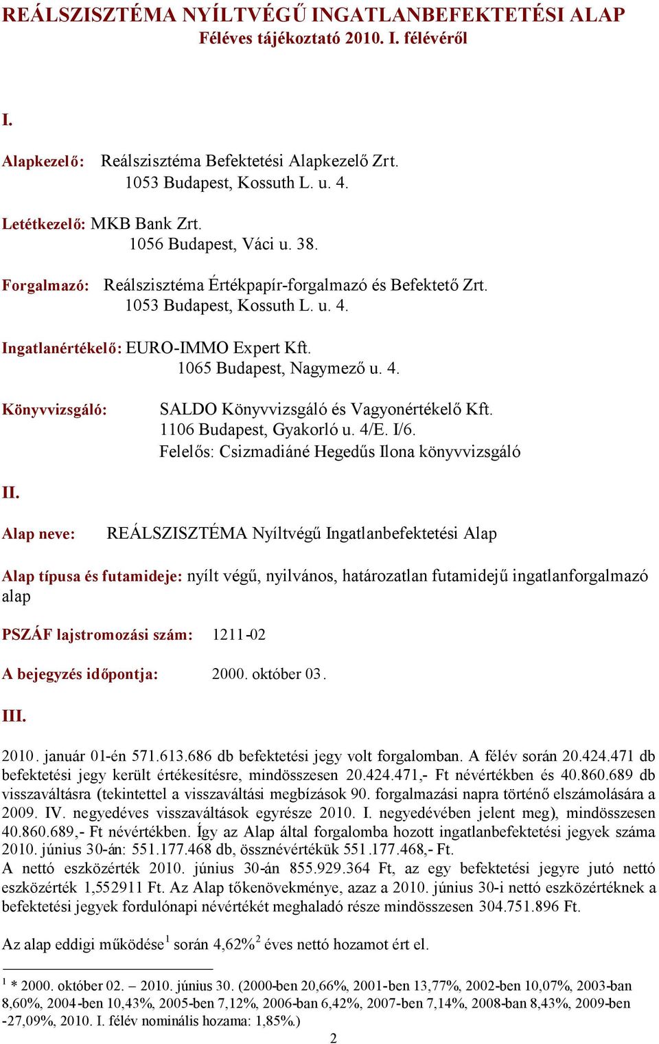 1065 Budapest, Nagymezőu. 4. Könyvvizsgáló: SALDO Könyvvizsgáló és VagyonértékelőKft. 1106 Budapest, Gyakorló u. 4/E. I/6. Felelős: Csizmadiáné Hegedűs Ilona könyvvizsgáló II.