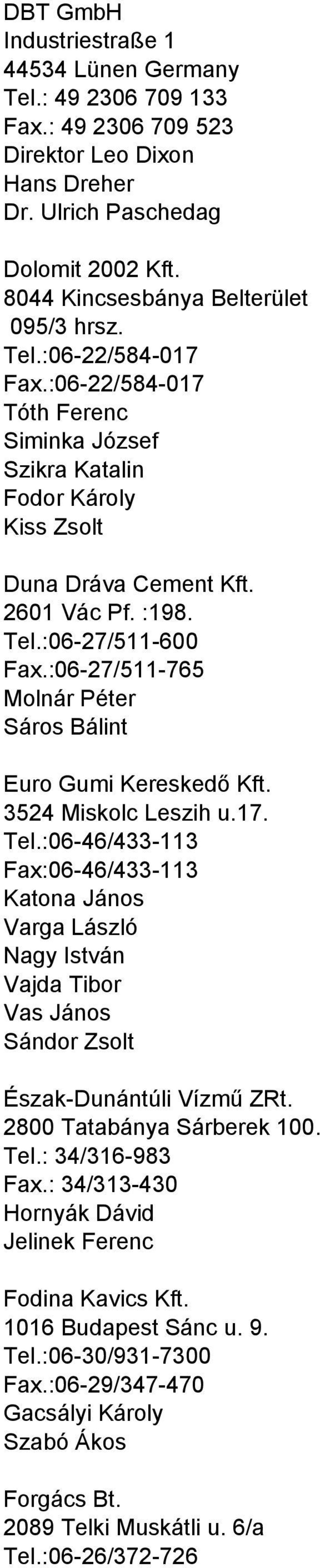 :06-27/511-765 Molnár Péter Sáros Bálint Euro Gumi Kereskedő Kft. 3524 Miskolc Leszih u.17. Tel.