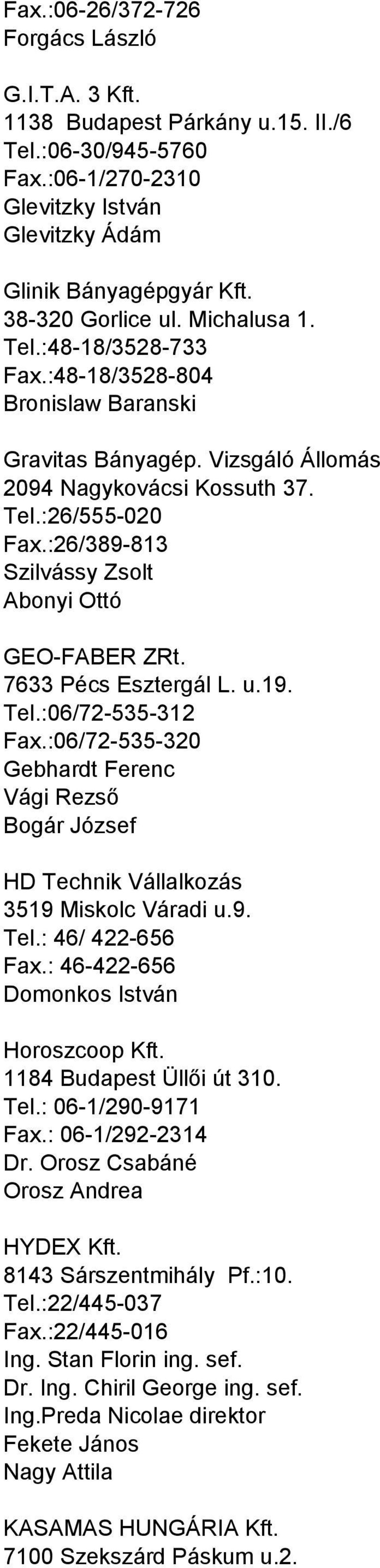 :26/389-813 Szilvássy Zsolt Abonyi Ottó GEO-FABER ZRt. 7633 Pécs Esztergál L. u.19. Tel.:06/72-535-312 Fax.