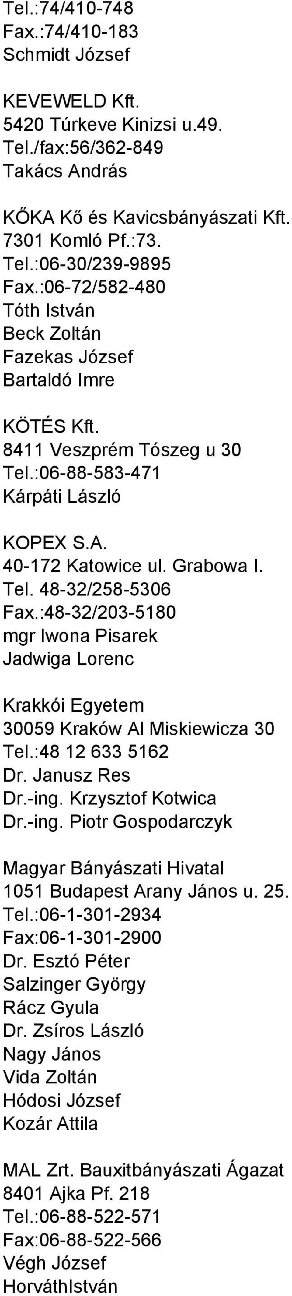 :48-32/203-5180 mgr Iwona Pisarek Jadwiga Lorenc Krakkói Egyetem 30059 Kraków Al Miskiewicza 30 Tel.:48 12 633 5162 Dr. Janusz Res Dr.-ing.