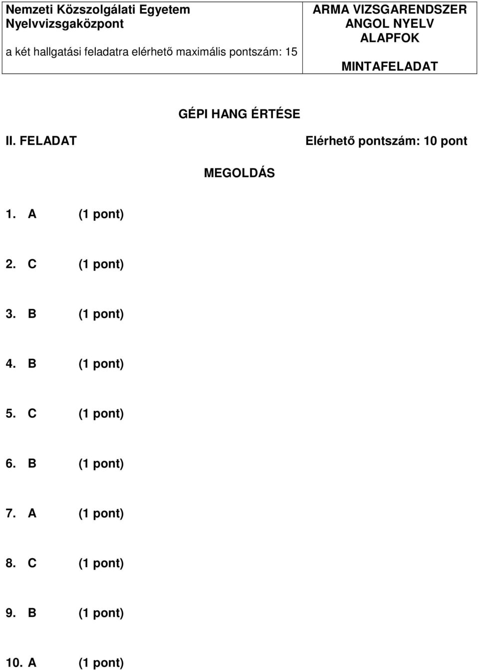 ÉRTÉSE II. FELADAT Elérhető pontszám: 10 pont MEGOLDÁS 1. A (1 pont) 2. C (1 pont) 3.