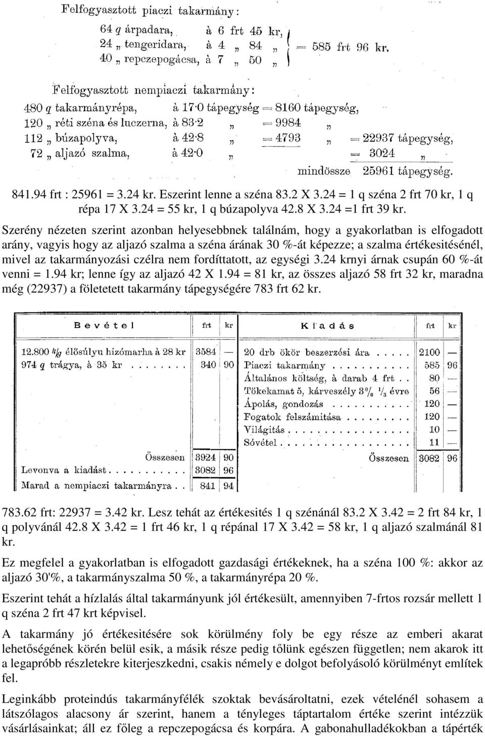 takarmányozási czélra nem fordíttatott, az egységi 3.24 krnyi árnak csupán 60 %-át venni = 1.94 kr; lenne így az aljazó 42 X 1.