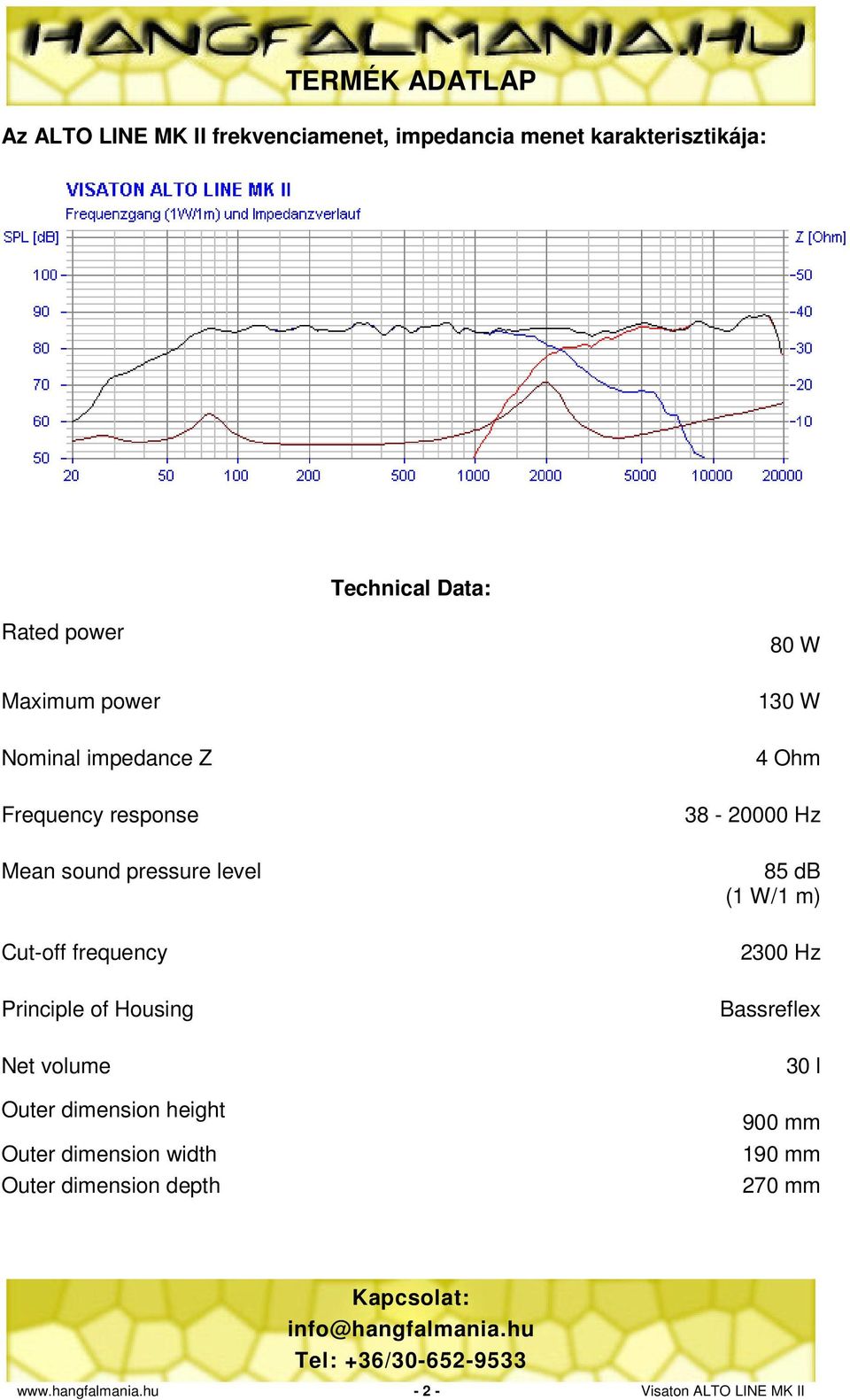 Housing Net volume Outer dimension height Outer dimension width Outer dimension depth 80 W 130 W 4 Ohm