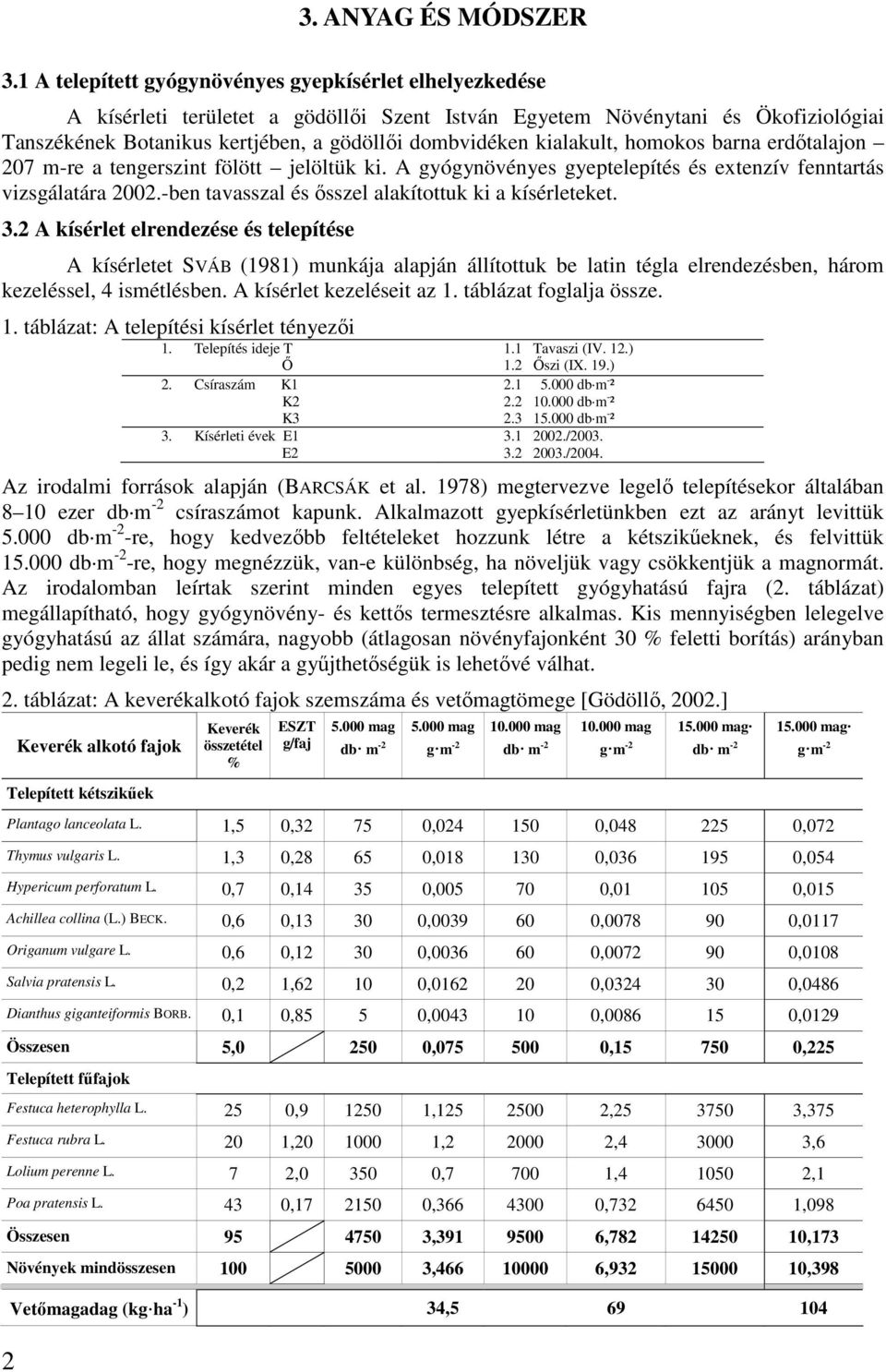 kialakult, homokos barna erdőtalajon 207 m-re a tengerszint fölött jelöltük ki. A gyógynövényes gyeptelepítés és extenzív fenntartás vizsgálatára 2002.