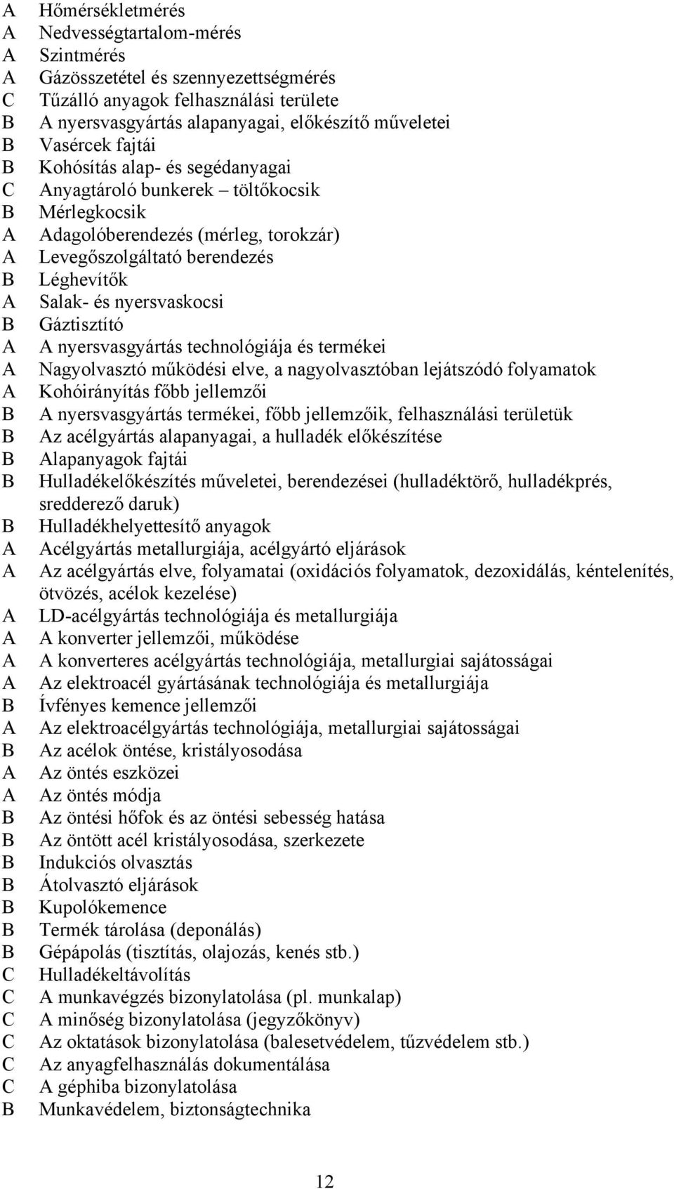 nyersvasgyártás technológiája és termékei Nagyolvasztó működési elve, a nagyolvasztóban lejátszódó folyamatok Kohóirányítás főbb jellemzői nyersvasgyártás termékei, főbb jellemzőik, felhasználási