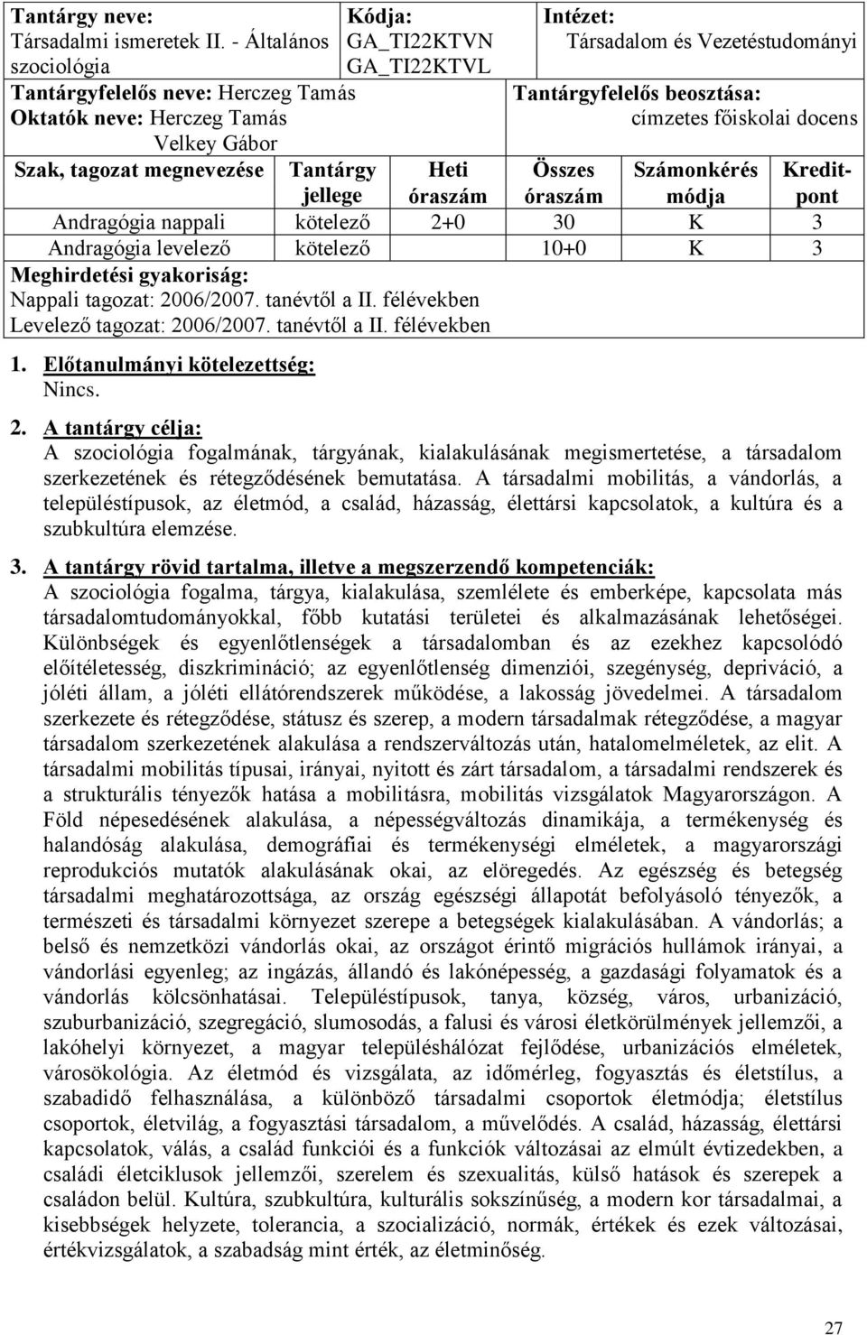 címzetes főiskolai docens Szak, tagozat megnevezése Tantárgy Heti Összes Számonkérés Kreditjellege óraszám óraszám módja pont Andragógia nappali kötelező 2+0 30 K 3 Andragógia levelező kötelező 10+0