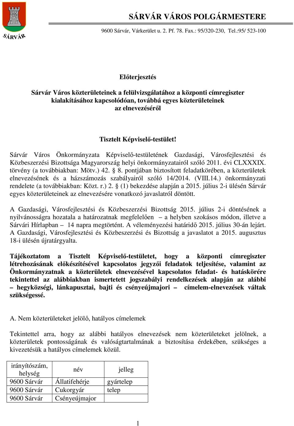 Képviselő-testület! Sárvár Város Önkormányzata Képviselő-testületének Gazdasági, Városfejlesztési és Közbeszerzési Bizottsága Magyarország helyi önkormányzatairól szóló 2011. évi CLXXXIX.