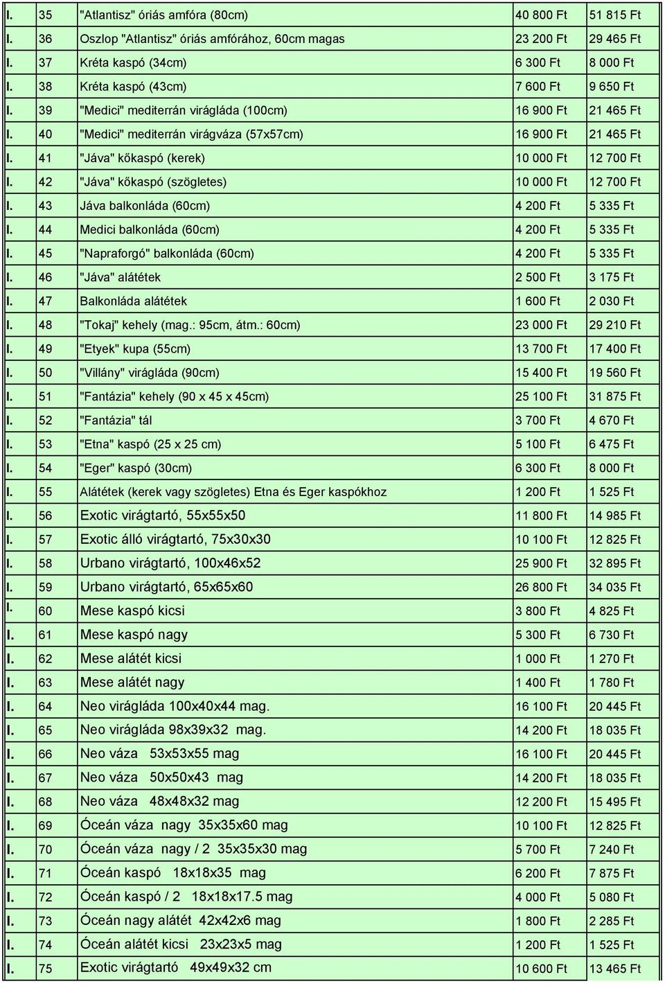 41 "Jáva" kőkaspó (kerek) 10 000 Ft 12 700 Ft I. 42 "Jáva" kőkaspó (szögletes) 10 000 Ft 12 700 Ft I. 43 Jáva balkonláda (60cm) 4 200 Ft 5 335 Ft I. 44 Medici balkonláda (60cm) 4 200 Ft 5 335 Ft I.