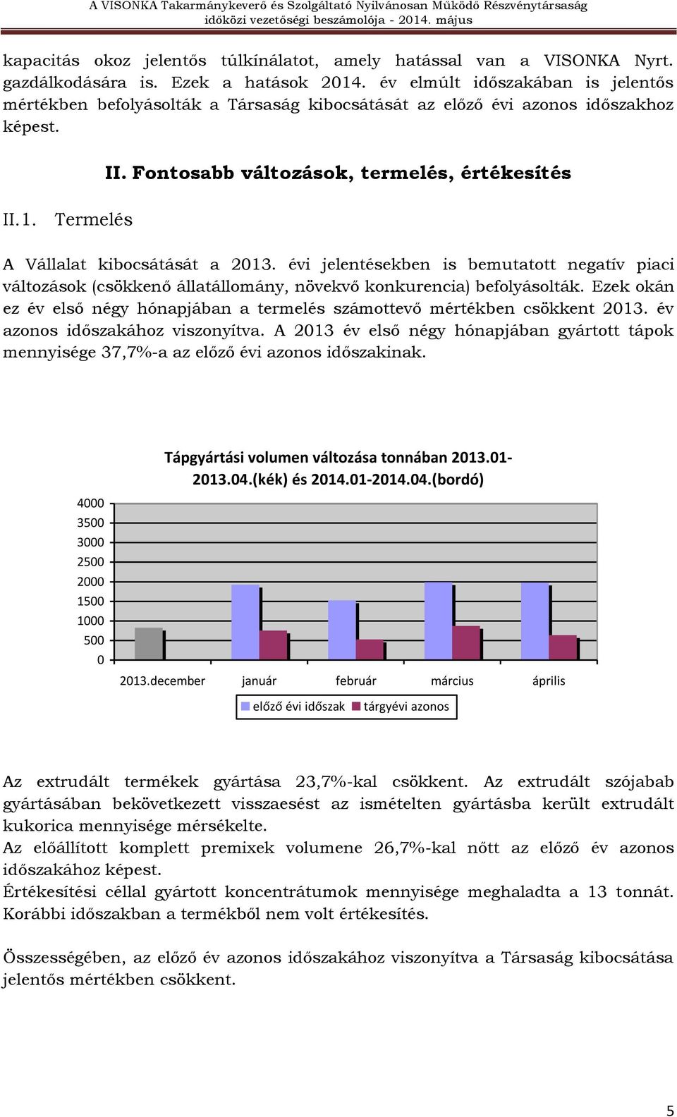 Termelés A Vállalat kibocsátását a 2013. évi jelentésekben is bemutatott negatív piaci változások (csökkenő állatállomány, növekvő konkurencia) befolyásolták.