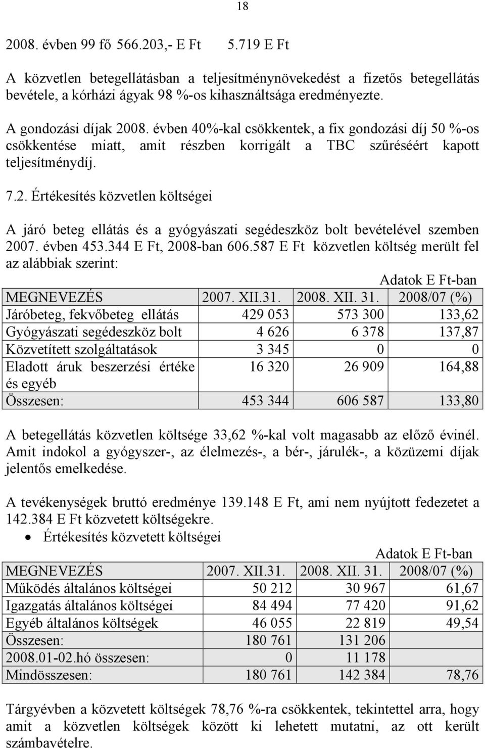 évben 453.344 E Ft, 2008-ban 606.587 E Ft közvetlen költség merült fel az alábbiak szerint: MEGNEVEZÉS 2007. XII.31. 2008. XII. 31.