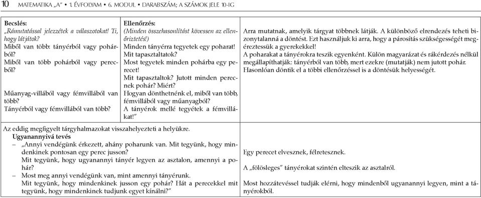 ) Minden tányérra tegyetek egy poharat! Mit tapasztaltatok? Most tegyetek minden pohárba egy perecet! Mit tapasztaltok? Jutott minden perecnek pohár? Miért?