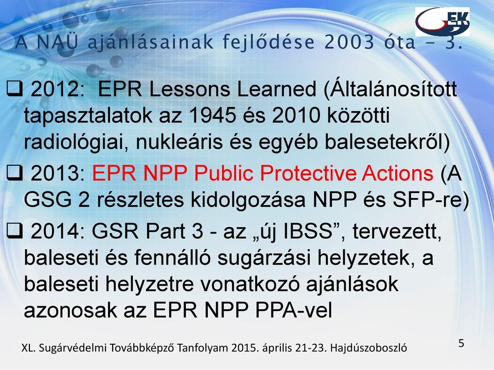 balesetekről) 2013: EPR NPP Public Protective Actions (A GSG 2 részletes kidolgozása NPP és SFP-re) 2014: GSR Part 3 -
