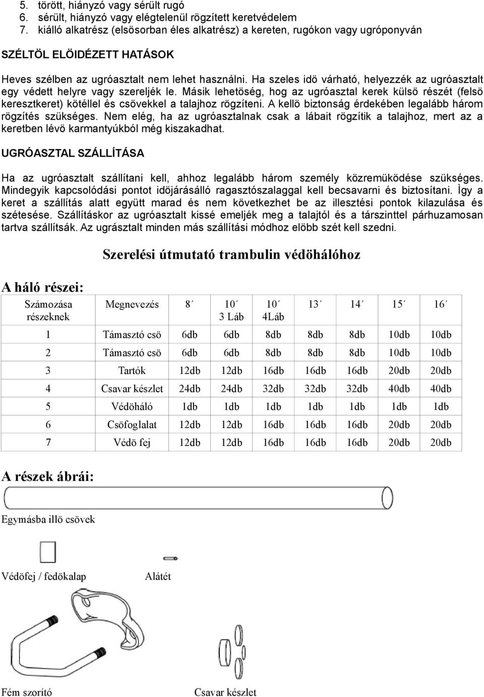 Ha szeles idö várható, helyezzék az ugróasztalt egy védett helyre vagy szereljék le.