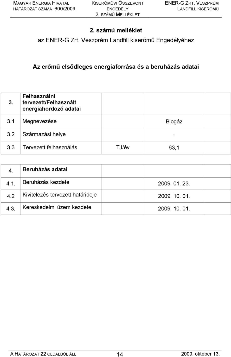 Felhasználni tervezett/felhasznált energiahordozó adatai 3.1 Megnevezése Biogáz 3.2 Származási helye - 3.