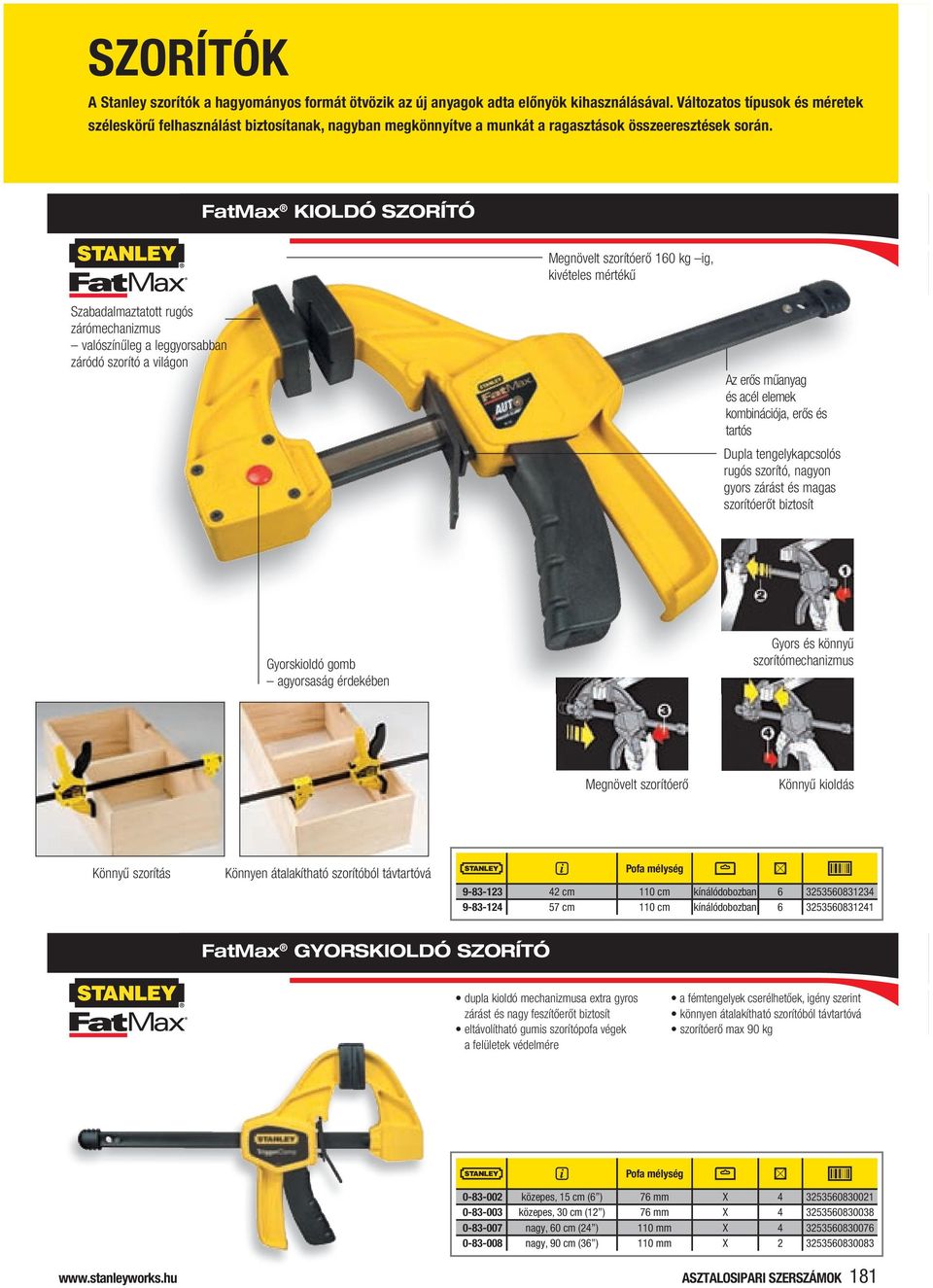 Fatmax kioldó szorító Megnövelt szorítóerő 160 kg ig, kivételes mértékű Szabadalmaztatott rugós zárómechanizmus valószínűleg a leggyorsabban záródó szorító a világon Az erős műanyag és acél elemek