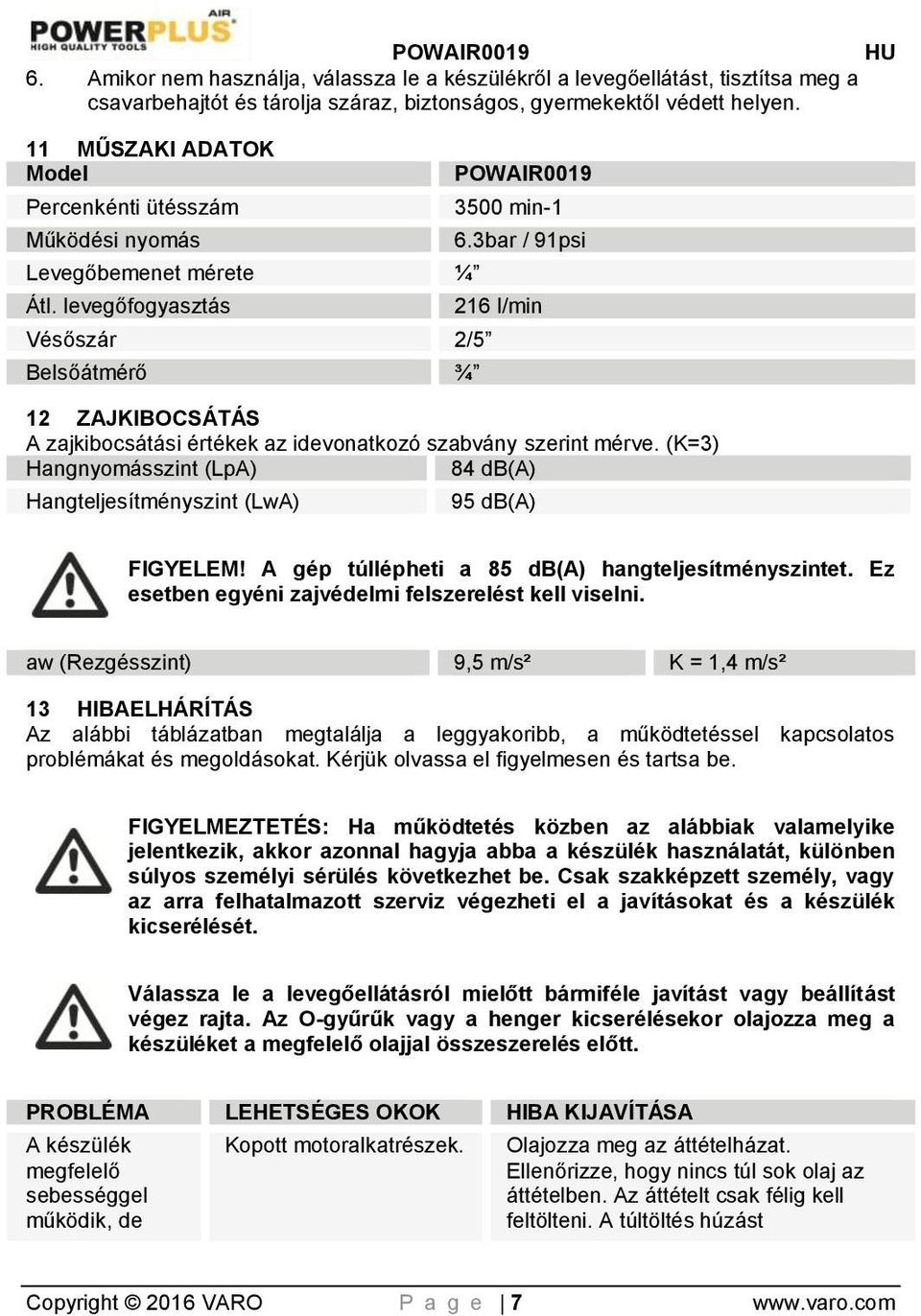 3bar / 91psi 216 l/min 12 ZAJKIBOCSÁTÁS A zajkibocsátási értékek az idevonatkozó szabvány szerint mérve. (K=3) Hangnyomásszint (LpA) 84 db(a) Hangteljesítményszint (LwA) 95 db(a) FIGYELEM!