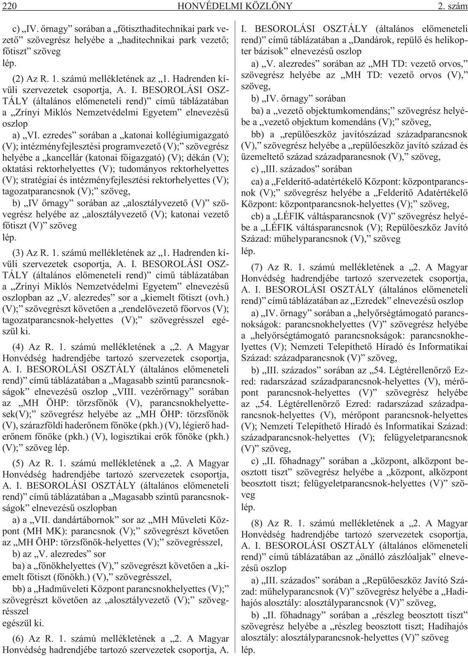 ezredes sorában a katonai kollégiumigazgató (V); intézményfejlesztési programvezetõ (V); szövegrész helyébe a kancellár (katonai fõigazgató) (V); dékán (V); oktatási rektorhelyettes (V); tudományos