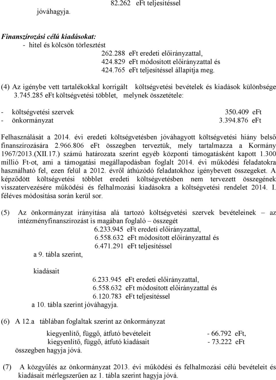 285 eft költségvetési többlet, melynek összetétele: - költségvetési szervek 350.409 eft - önkormányzat 3.394.876 eft Felhasználását a 2014.