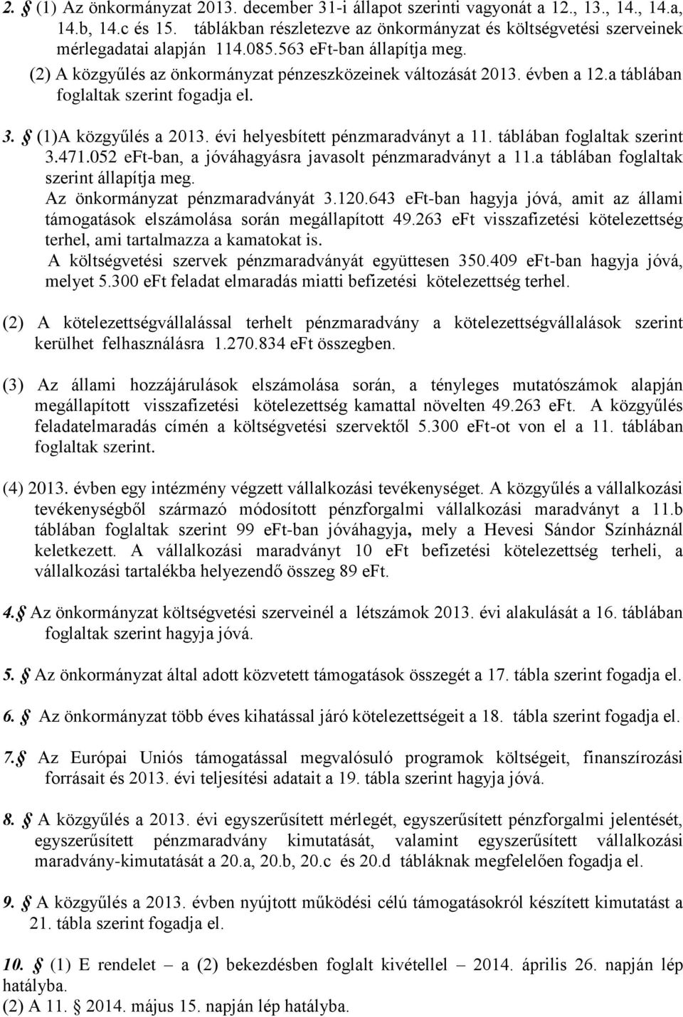 a táblában foglaltak szerint fogadja el. 3. (1)A közgyűlés a 2013. évi helyesbített pénzmaradványt a 11. táblában foglaltak szerint 3.471.052 eft-ban, a jóváhagyásra javasolt pénzmaradványt a 11.