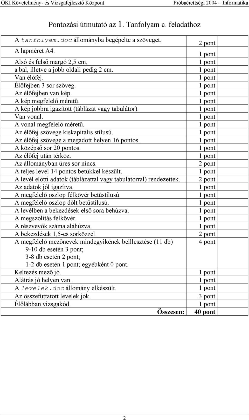 Az élőfej szövege a megadott helyen 16 pontos. A középső sor 20 pontos. Az élőfej után térköz. Az állományban üres sor nincs. A teljes levél 14 pontos betűkkel készült.