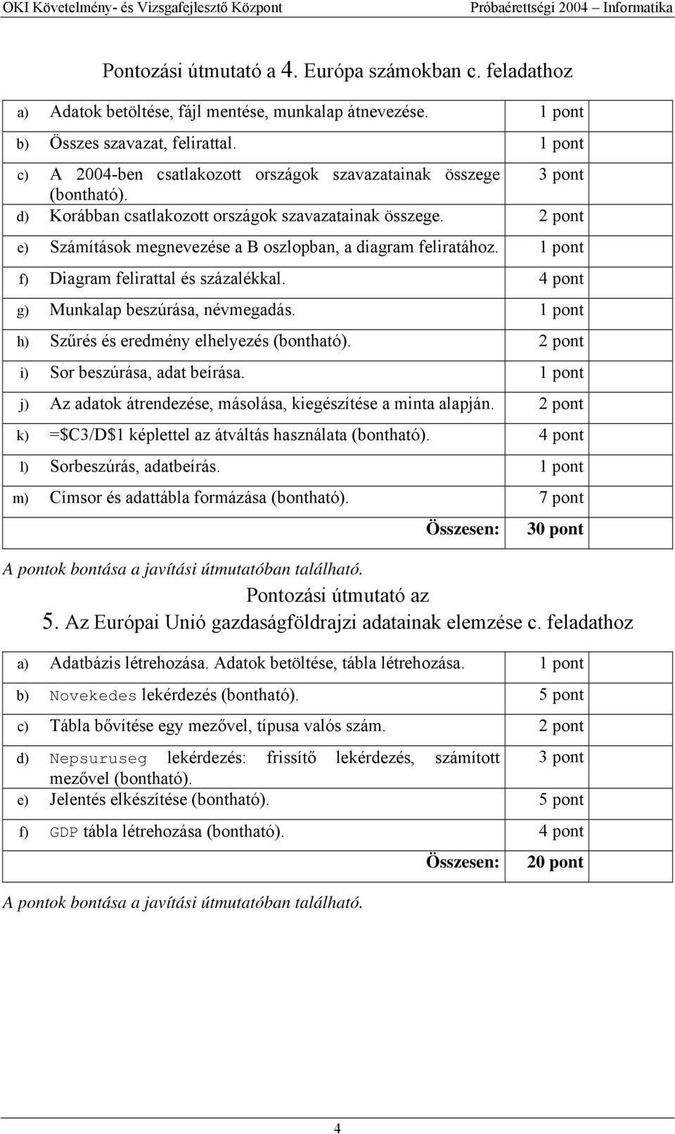 f) Diagram felirattal és százalékkal. 4 pont g) Munkalap beszúrása, névmegadás. h) Szűrés és eredmény elhelyezés (bontható). i) Sor beszúrása, adat beírása.