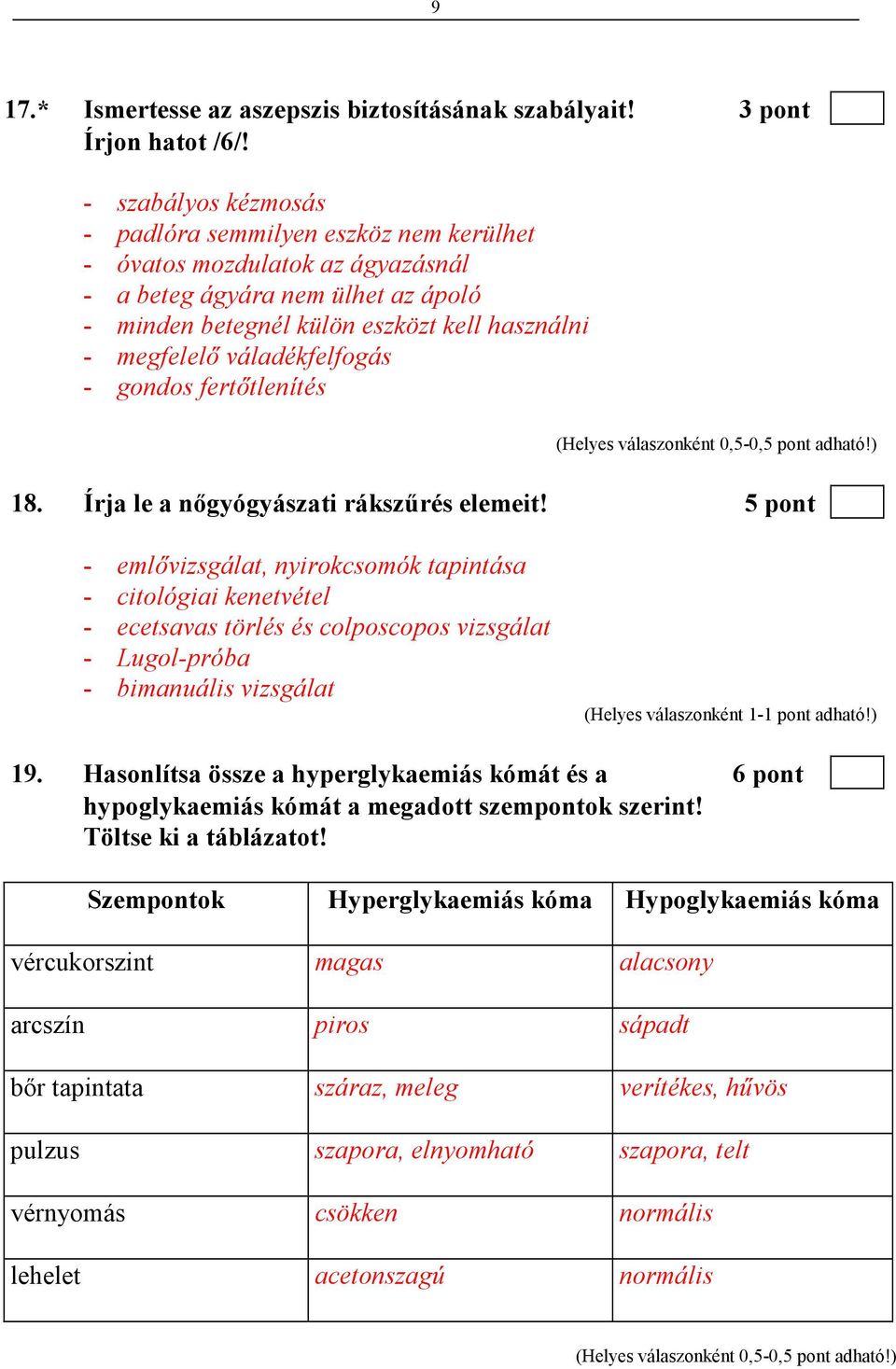 váladékfelfogás - gondos fertıtlenítés (Helyes válaszonként 0,5-0,5 pont adható!) 18. Írja le a nıgyógyászati rákszőrés elemeit!