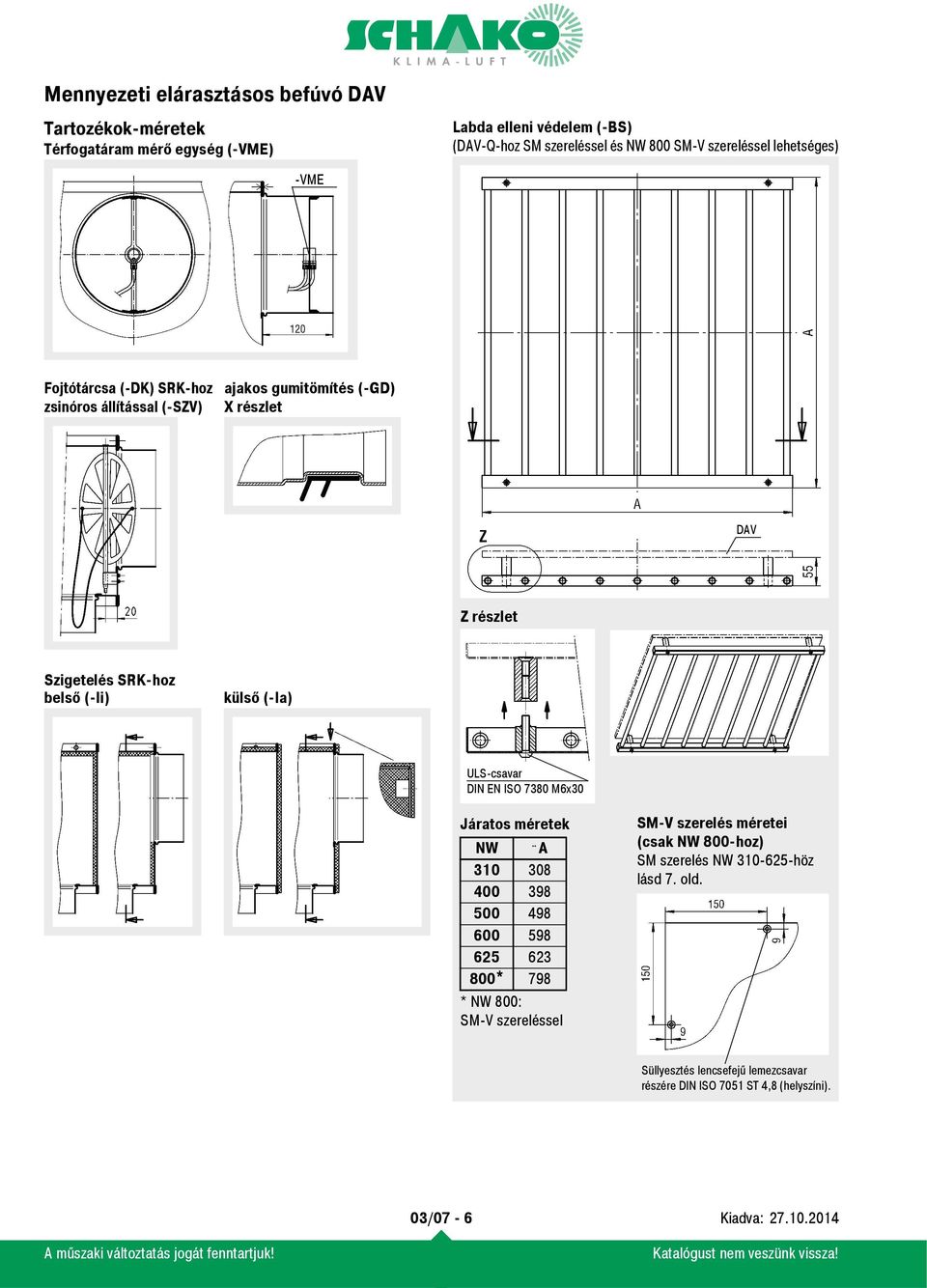 (-Ia) ULS-csavar DIN EN ISO 7380 M6x30 Járatos méretek NW A 310 308 400 398 500 498 600 598 625 623 800* 798 * NW 800: SM-V szereléssel SM-V