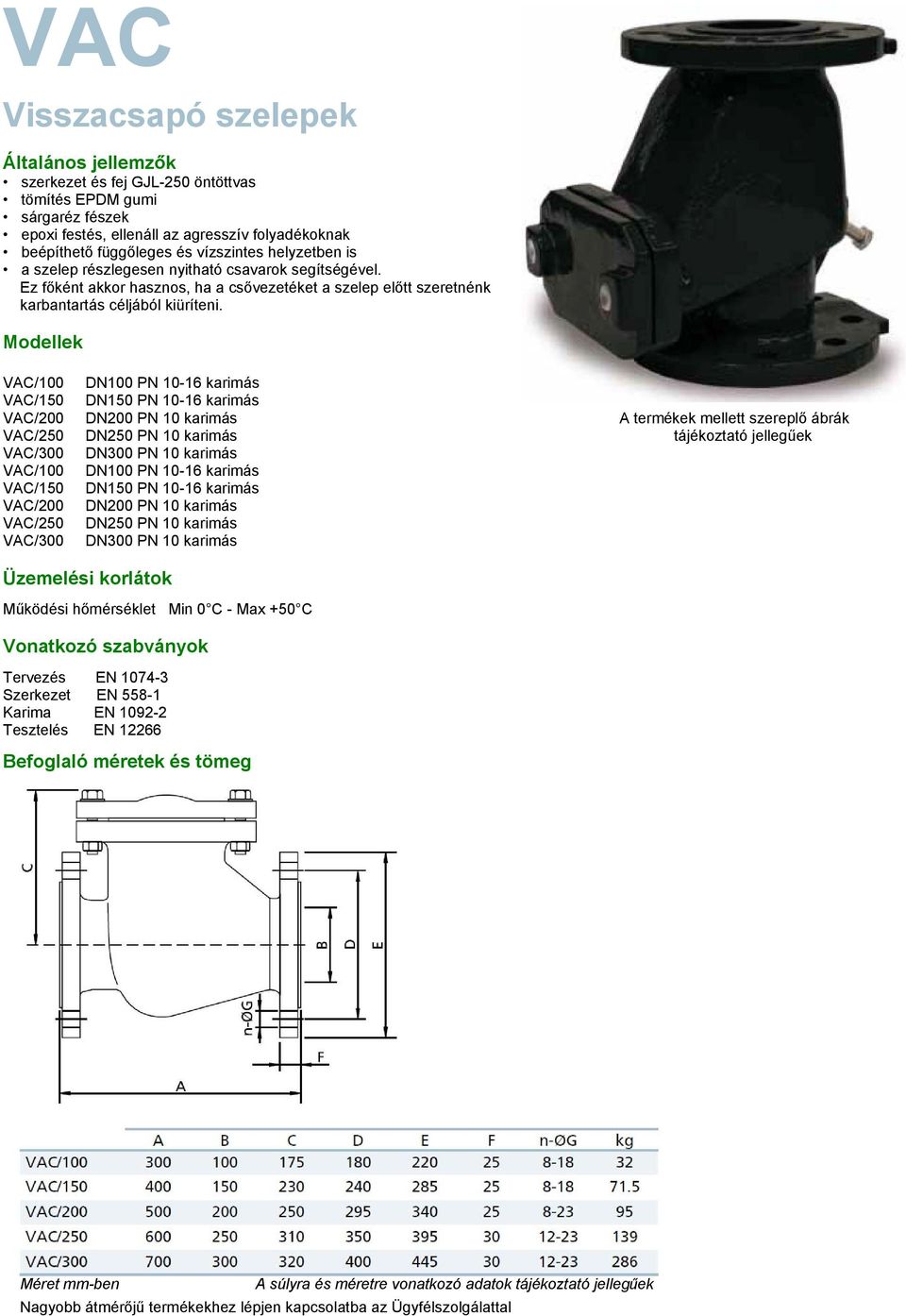 Modellek VAC/100 DN100 PN 10-16 karimás VAC/150 DN150 PN 10-16 karimás VAC/200 DN200 PN 10 karimás A termékek mellett szereplő ábrák VAC/250 DN250 PN 10 karimás tájékoztató jellegűek VAC/300 DN300 PN