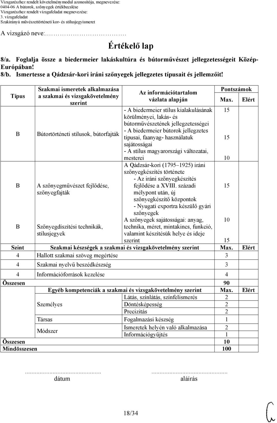 Típus Szakmai ismeretek alkalmazása a szakmai és vizsgakövetelmény szerint útortörténeti stílusok, bútorfajták A szőnyegművészet fejlődése, szőnyegfajták Szőnyegdíszítési technikák, stílusjegyek Az