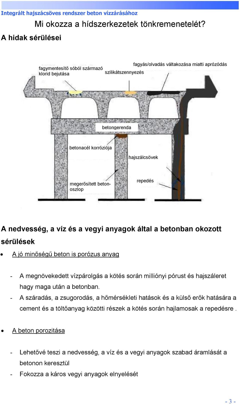 nedvesség, a víz és a vegyi anyagok által a betonban okozott sérülések A jó minőségű beton is porózus anyag - A megnövekedett vízpárolgás a kötés során milliónyi pórust és hajszáleret hagy maga