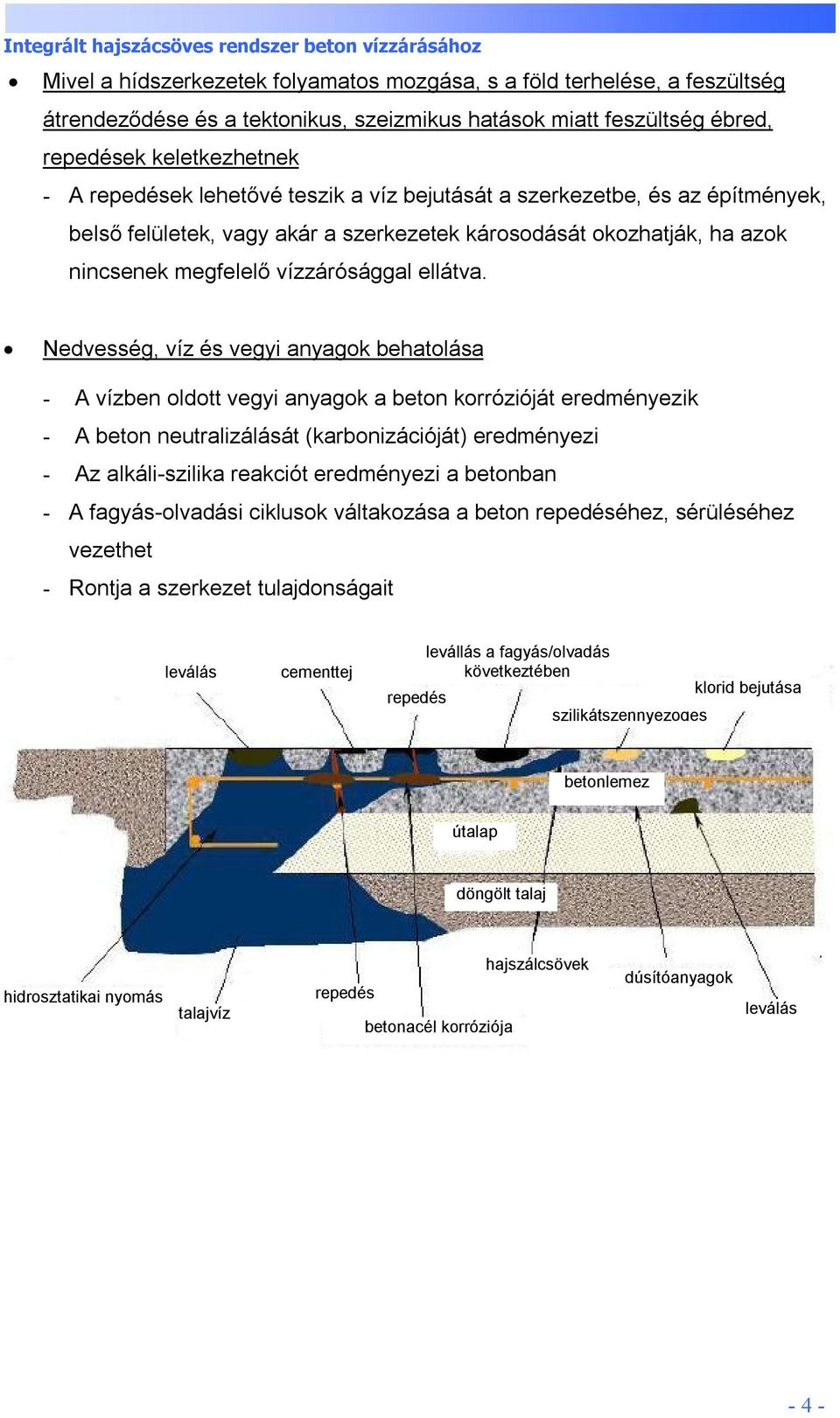 Nedvesség, víz és vegyi anyagok behatolása - A vízben oldott vegyi anyagok a beton korrózióját eredményezik - A beton neutralizálását (karbonizációját) eredményezi - Az alkáli-szilika reakciót