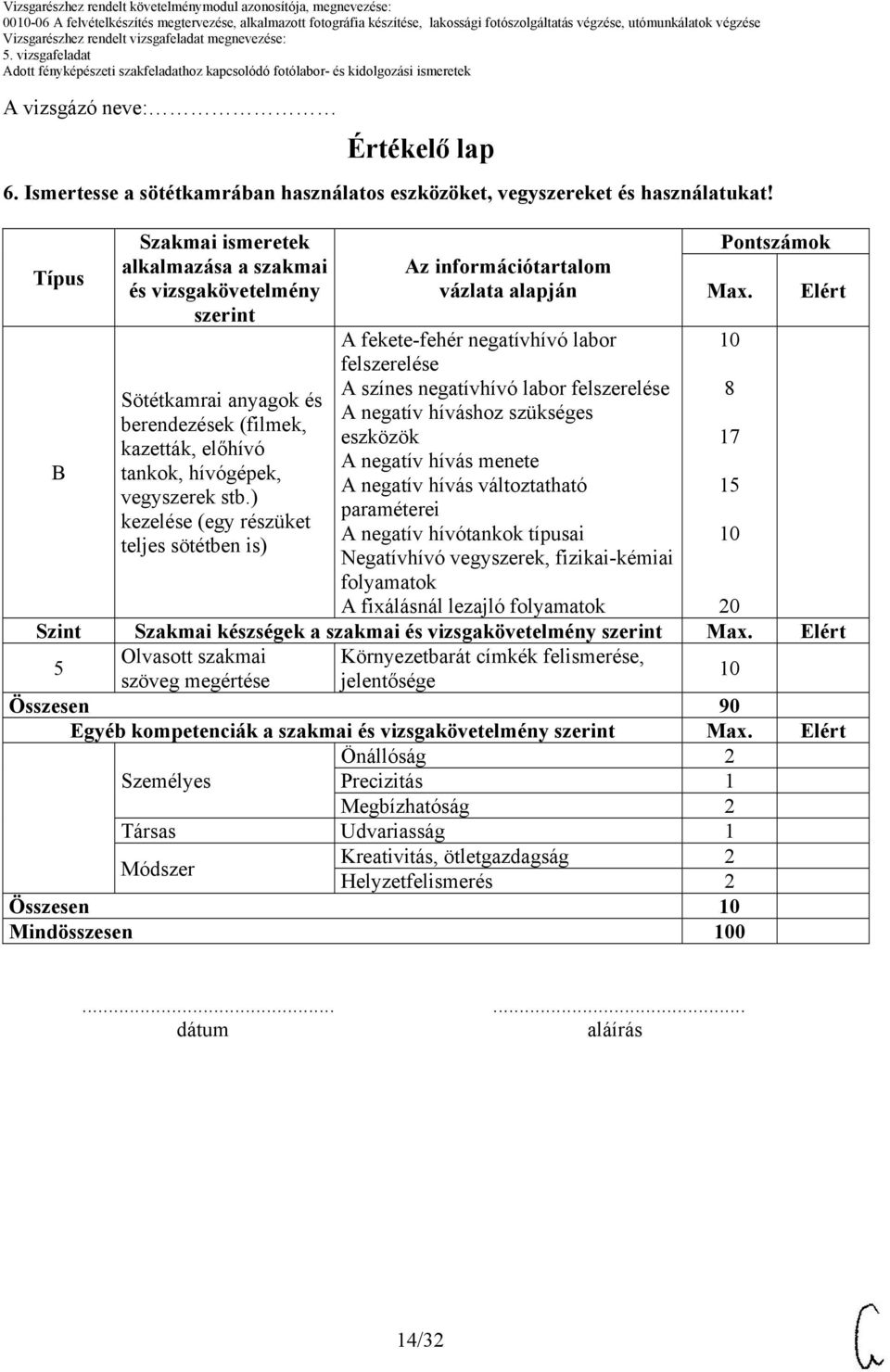 Típus B Szakmai ismeretek alkalmazása a szakmai és vizsgakövetelmény szerint Sötétkamrai anyagok és berendezések (filmek, kazetták, előhívó tankok, hívógépek, vegyszerek stb.