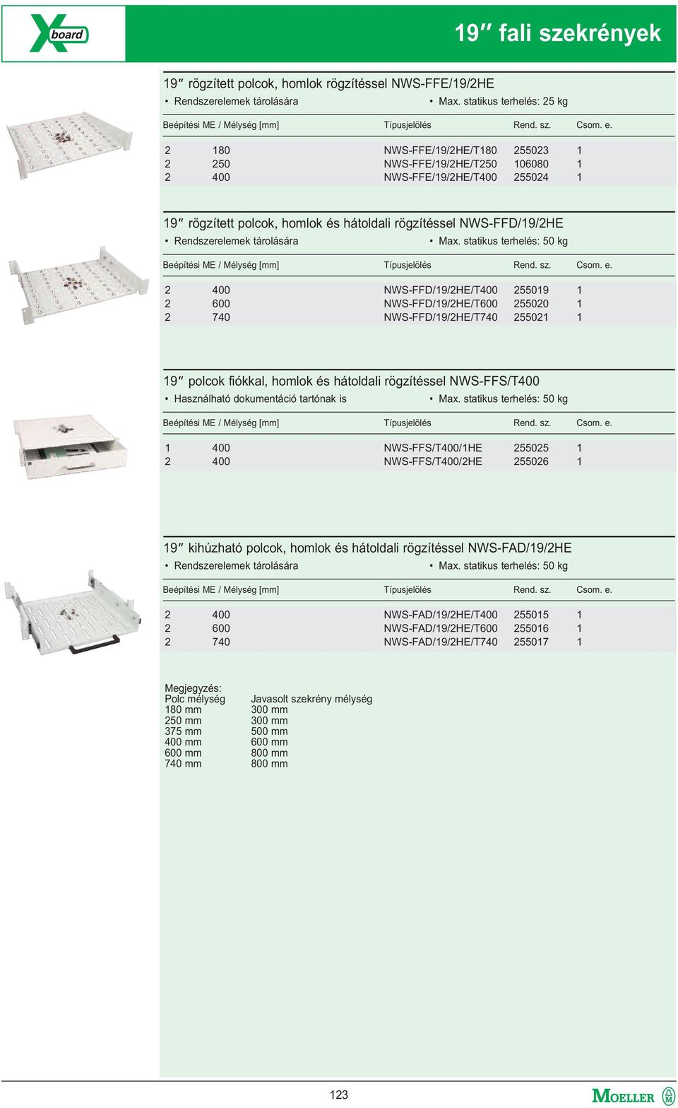 740 NWS-FFD/19/2HE/T400 255019 1 NWS-FFD/19/2HE/T600 255020 1 NWS-FFD/19/2HE/T740 255021 1 19 polcok fiókkal, homlok és hátoldali rögzítéssel NWS-FFS/T400 Használható dokumentáció tartónak is 1 400