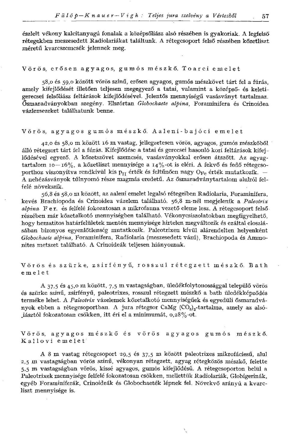 Toarci emelet 58,0 és 59,0 között vörös színű, erősen agyagos, gumós mészkövet tárt fel a fúrás, amely kifejlődését illetően teljesen megegyező a tatai, valamint a középső- és keletigerecsei