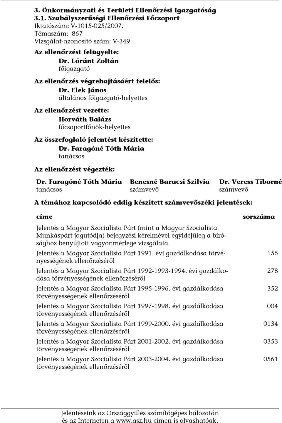 Elek János általános főigazgató-helyettes Az ellenőrzést vezette: Horváth Balázs főcsoportfőnök-helyettes Az összefoglaló jelentést készítette: Dr.