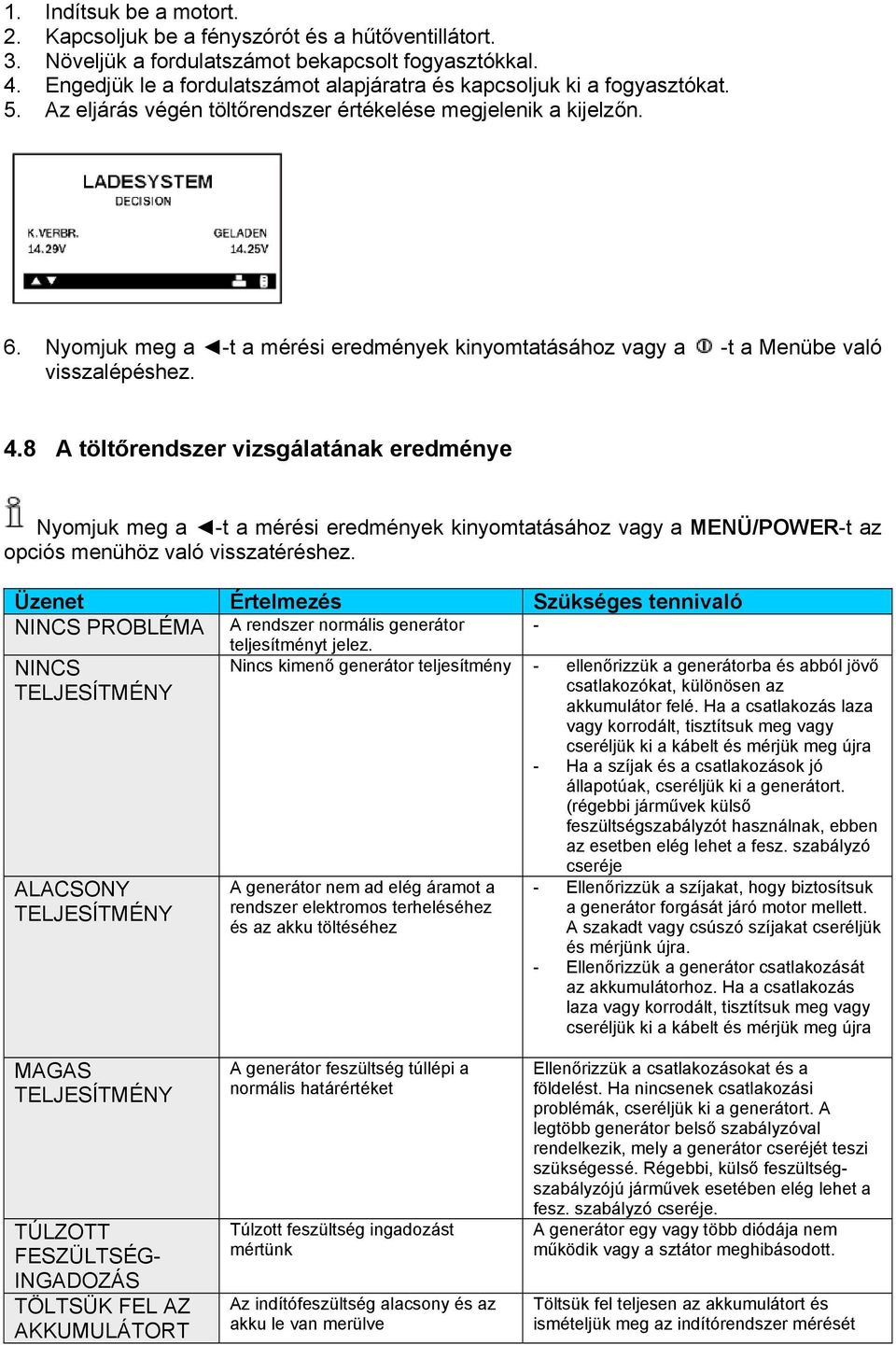 Nyomjuk meg a -t a mérési eredmények kinyomtatásához vagy a -t a Menübe való visszalépéshez. 4.