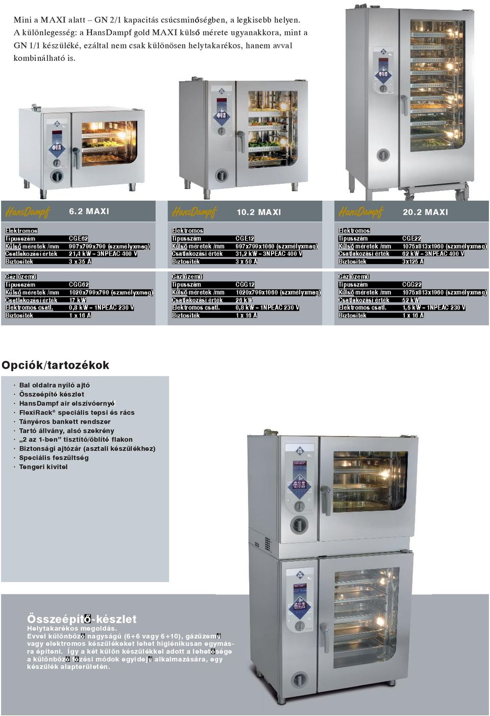 2 MAXI Opciók/tartozékok Bal oldalra nyíló ajtó Összeépít készlet HansDampf air elszívóerny FlexiRack speciális tepsi és rács Tányéros bankett rendszer Tartó állvány, alsó szekrény 2 az 1-ben