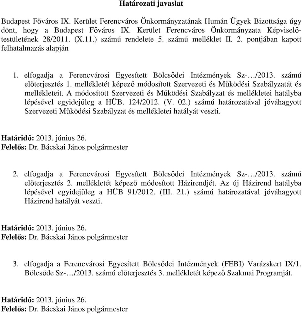 elfogadja a Ferencvárosi Egyesített Bölcsődei Intézmények Sz- /2013. számú előterjesztés 1. mellékletét képező módosított Szervezeti és Működési Szabályzatát és mellékleteit.