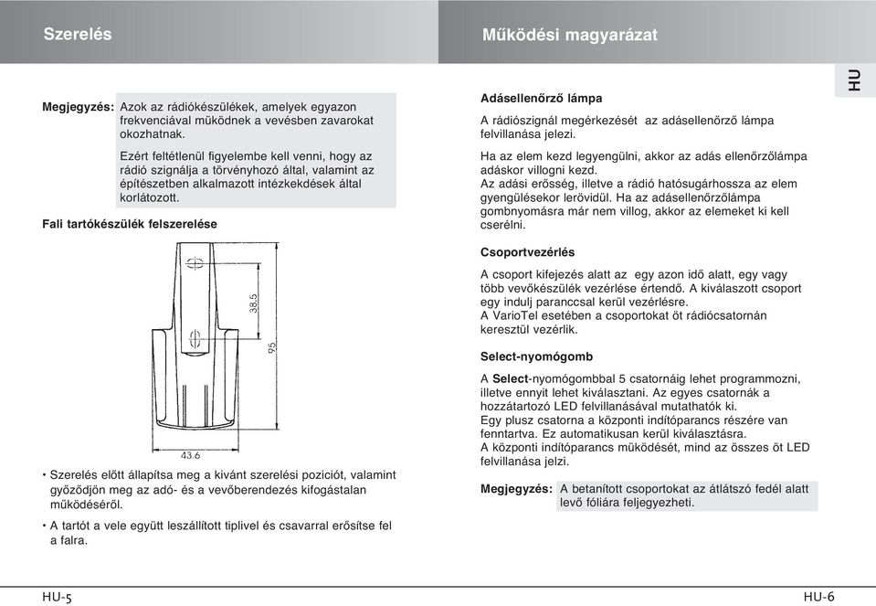 Fali tartókészülék felszerelése AdásellenŒrzŒ lámpa A rádiószignál megérkezését az adásellenœrzœ lámpa felvillanása jelezi.