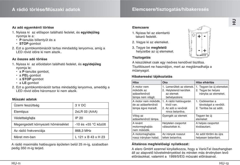 . Az összes adó törlése 1. Nyissa ki az elœoldalon található fedelet, és egyidejıleg nyomja le: a P-tanulás gombot, a FEL-gombot a STOP-gombot a LE-gombot 2.