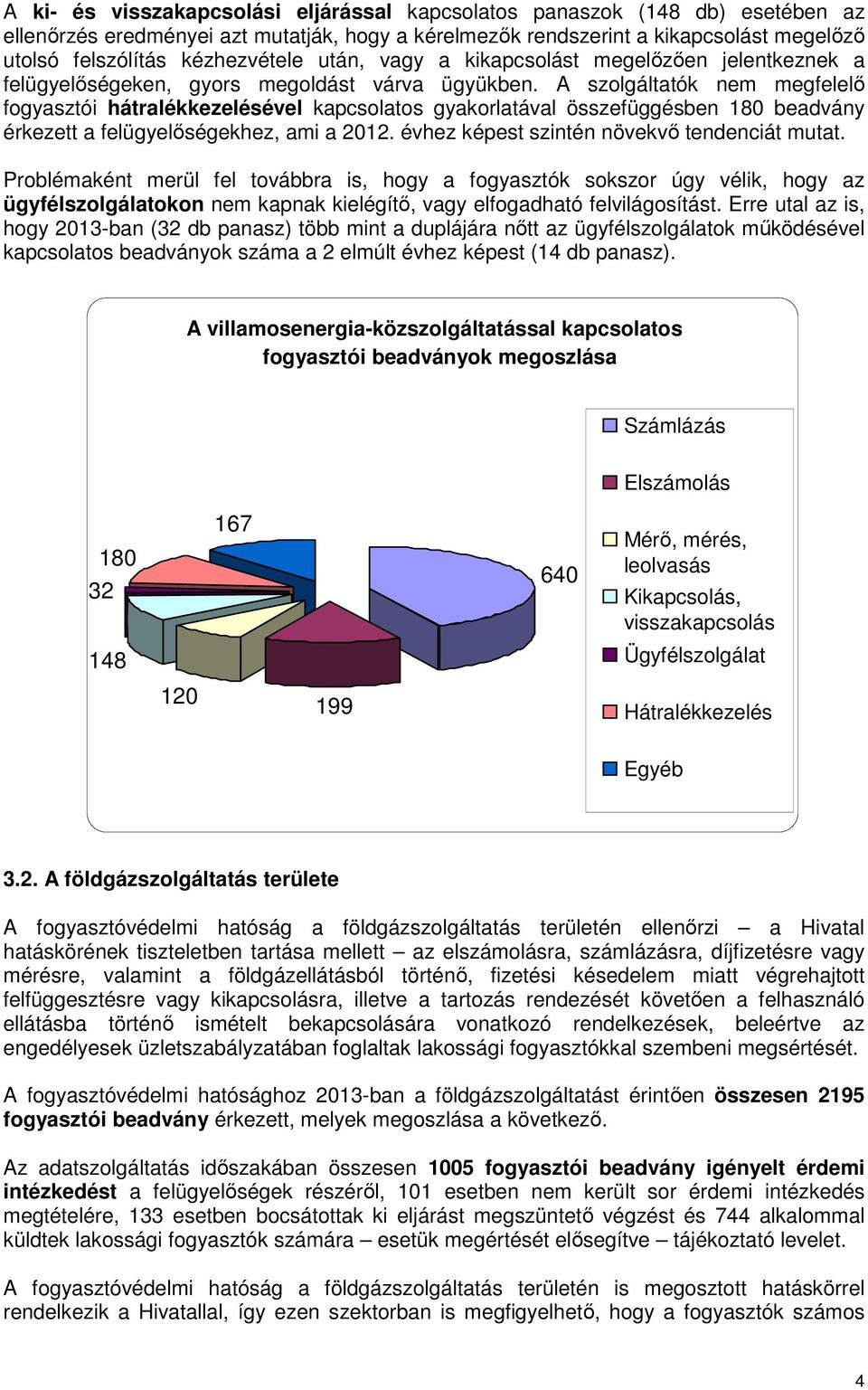 A szolgáltatók nem megfelelő fogyasztói hátralékkezelésével kapcsolatos gyakorlatával összefüggésben 180 beadvány érkezett a felügyelőségekhez, ami a 2012.